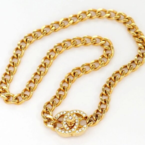 CHANEL CC Logos Turnlock Rhinestone Necklace 17" Gold Tone 96A Auth w/Box #789-3 - Picture 1 of 8